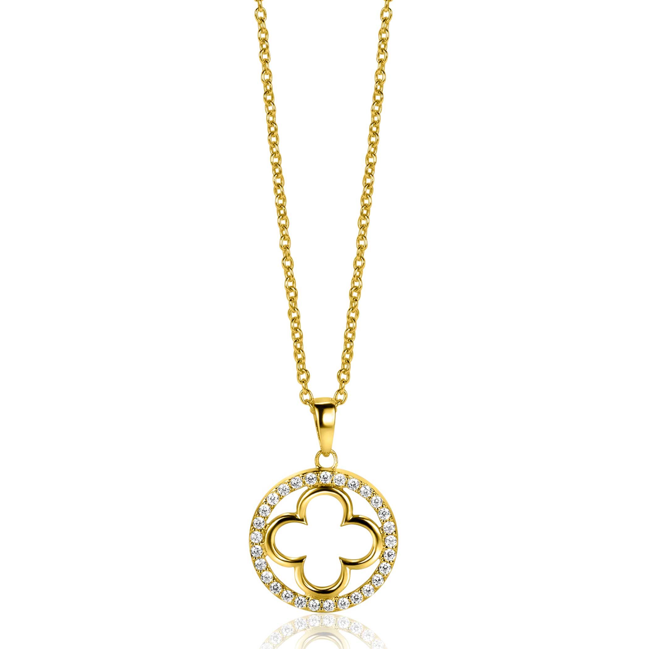 ZINZI vergoldete Silber Kette mit luxuriösem Kleeblattanhänger (15 mm) rundum besetzt mit weißen Zirkonia, 45-48 cm ZIC2617Y