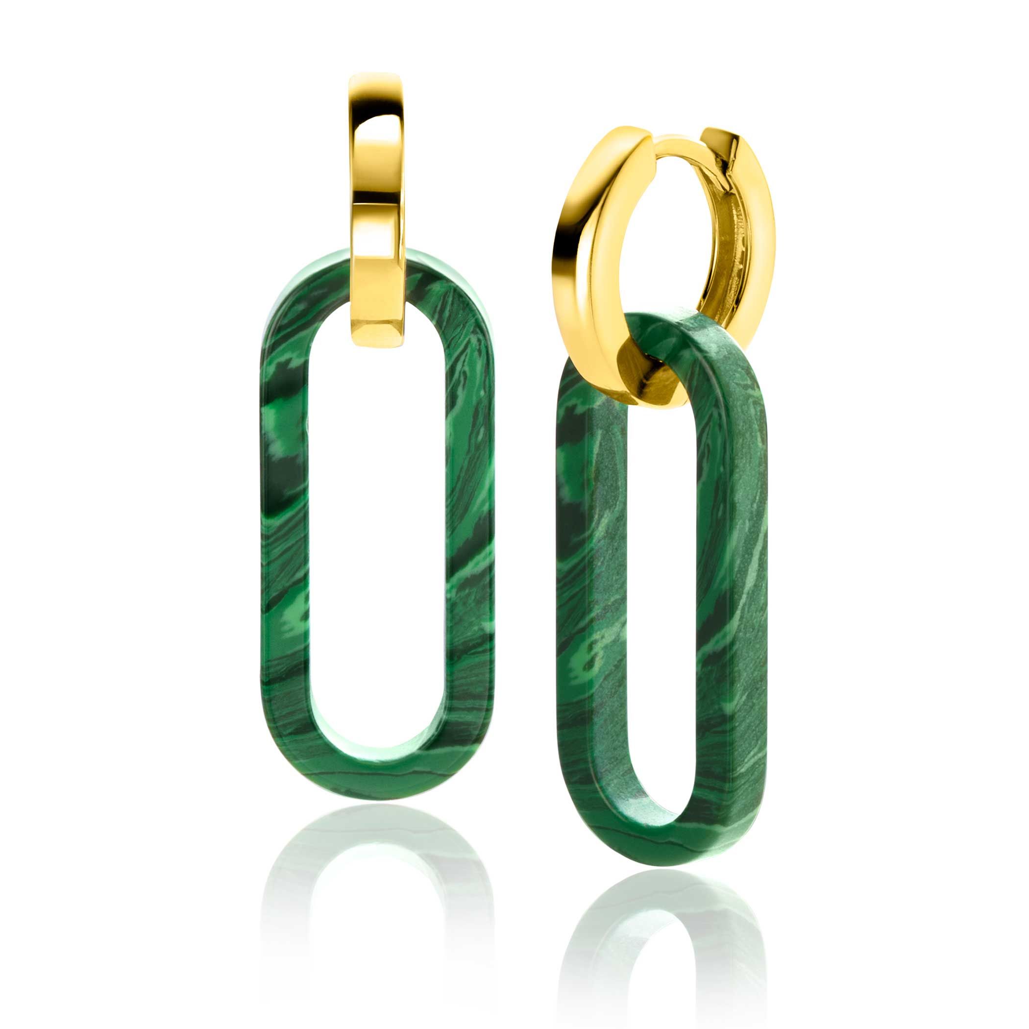ZINZI zlv. oorbedels malachiet ovaal 30mm lang