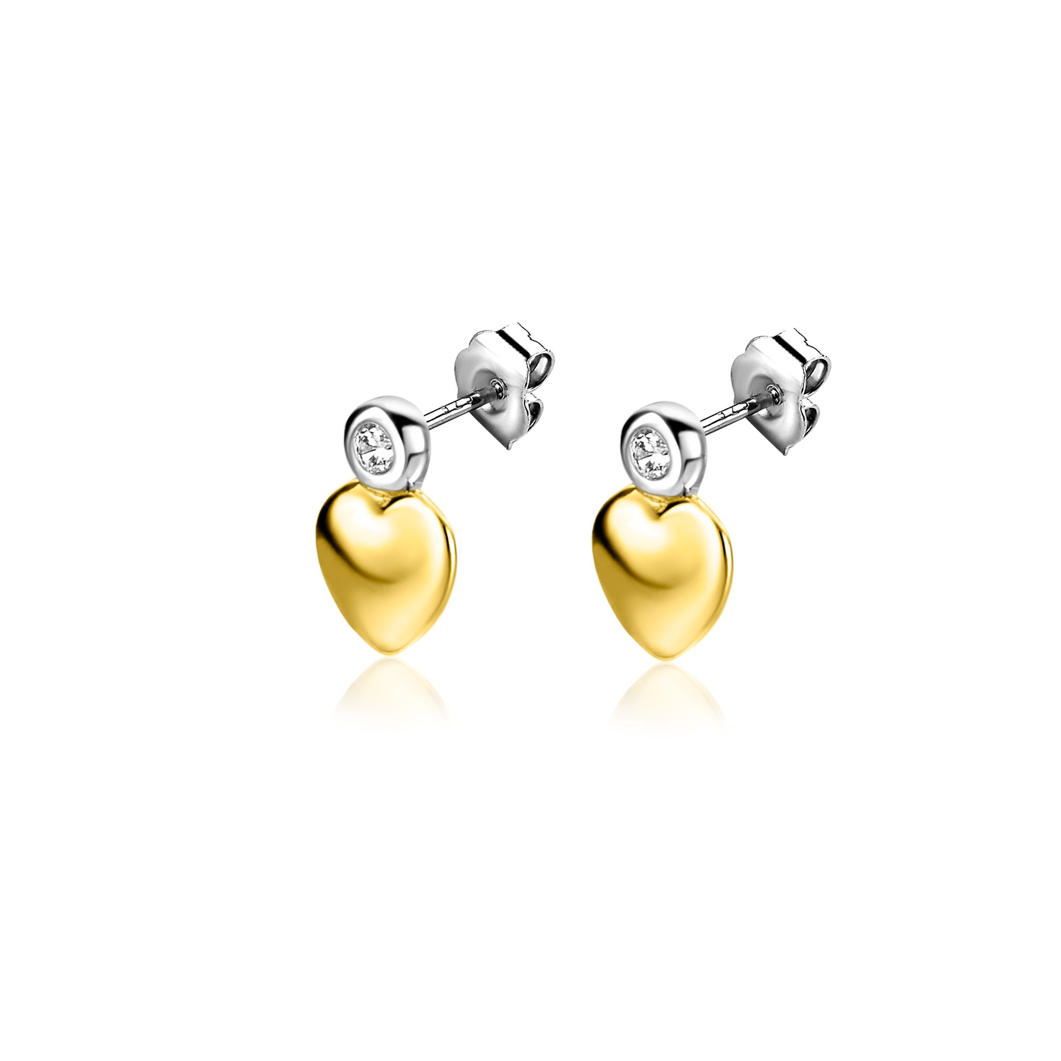 ZINZI zlv. oorknopjes bicolor hart met zirconia