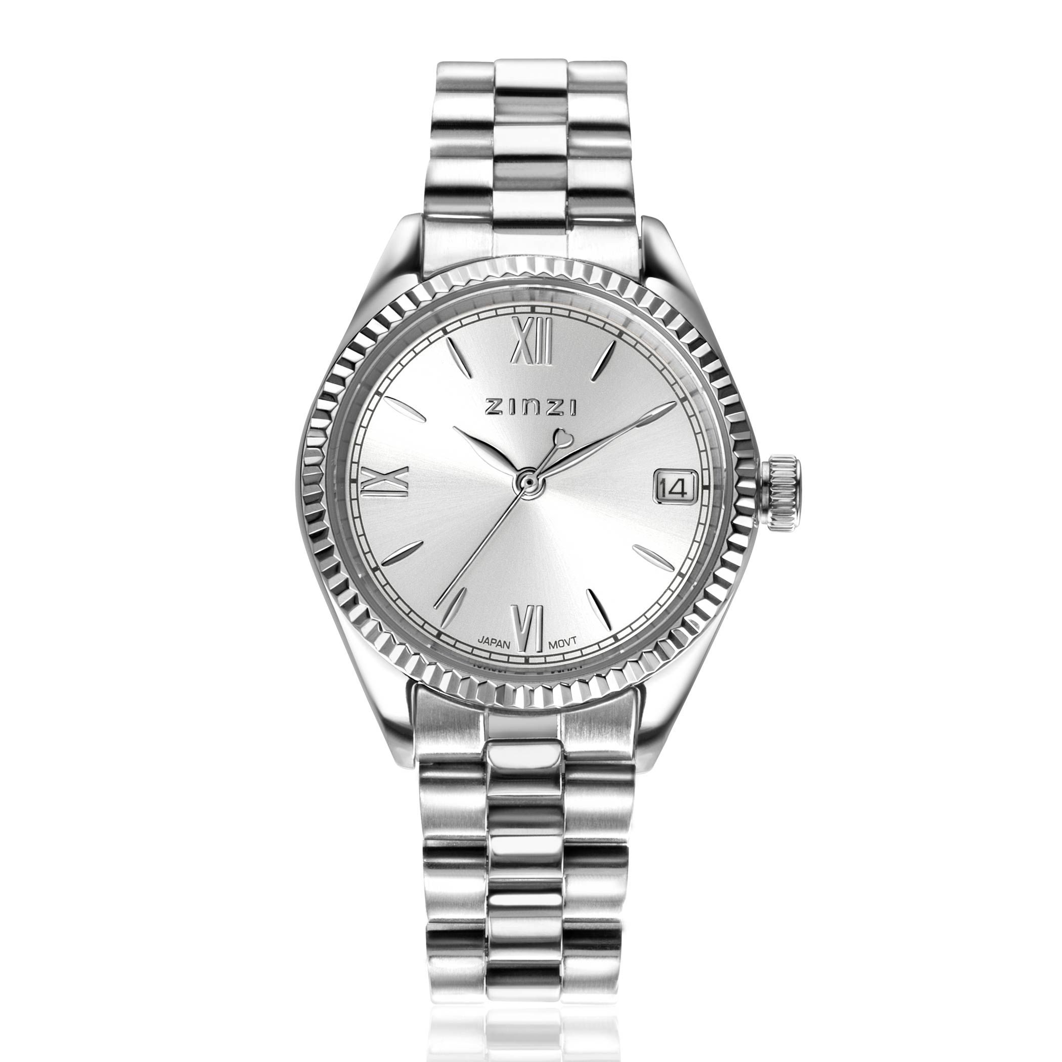 ZINZI Iconic Uhr 30mm mit Datum, geriffelte Lünette, silberfarbenes Zifferblatt und Edelstahl-Gliederarmband ZIW2202