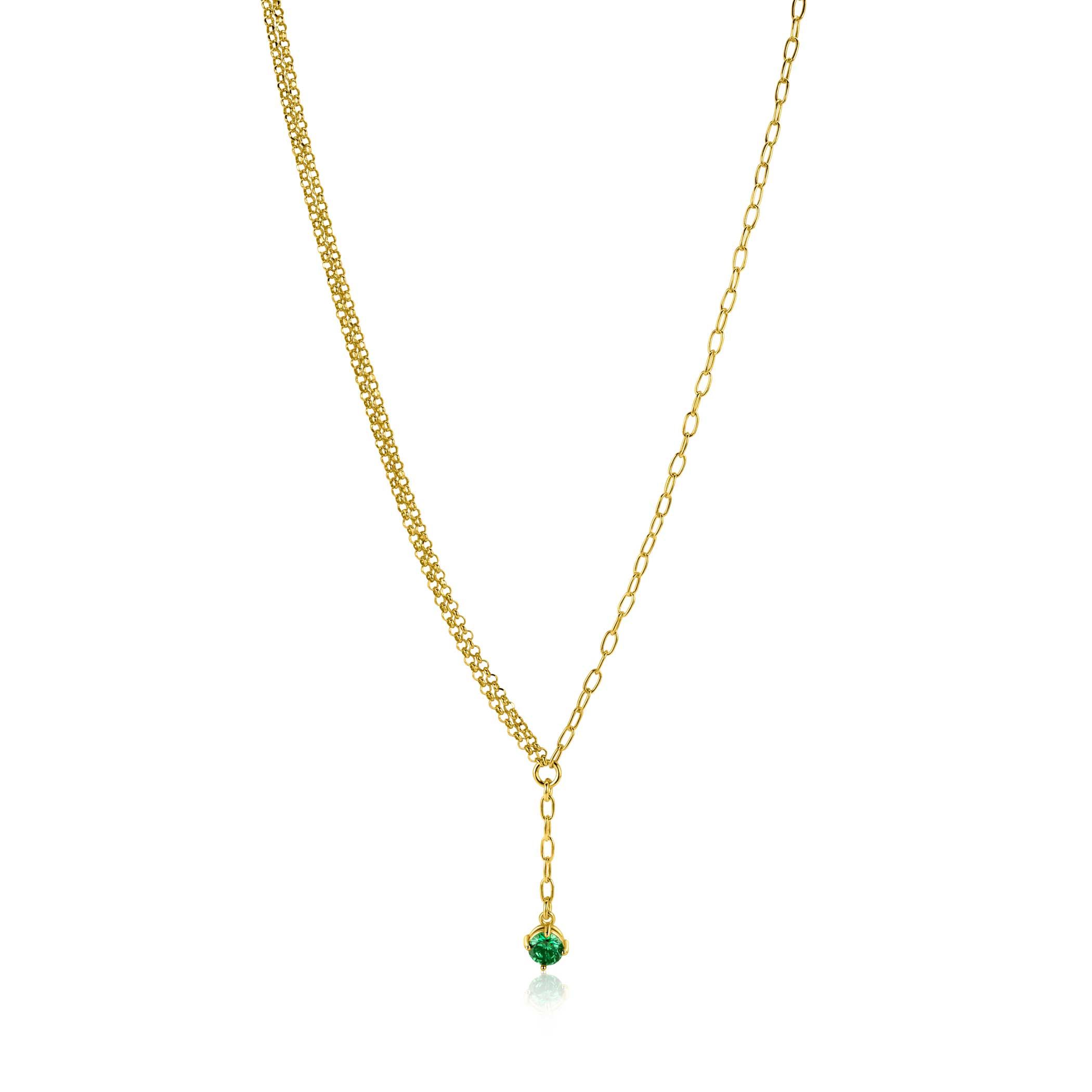 ZINZI vergoldetes Silber Y-Collier mit feinen Gliedern, hängender grüner runder Edelstein, 42-45 cm ZIC2660G