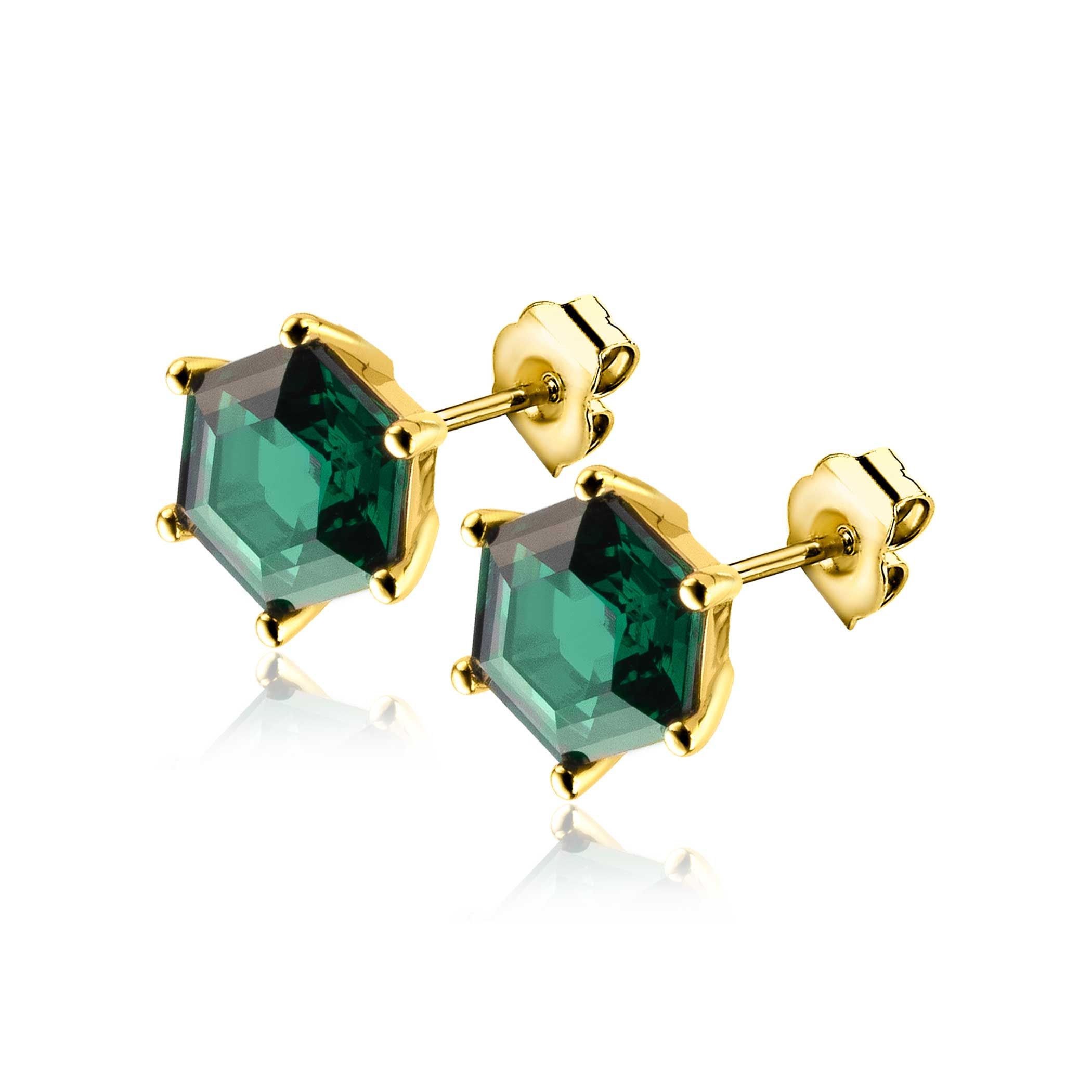 ZINZI silberne Ohrstecker extra 14K gelb vergoldet Hexagon mit grünen Farbsteinen 7mm ZIO2259G