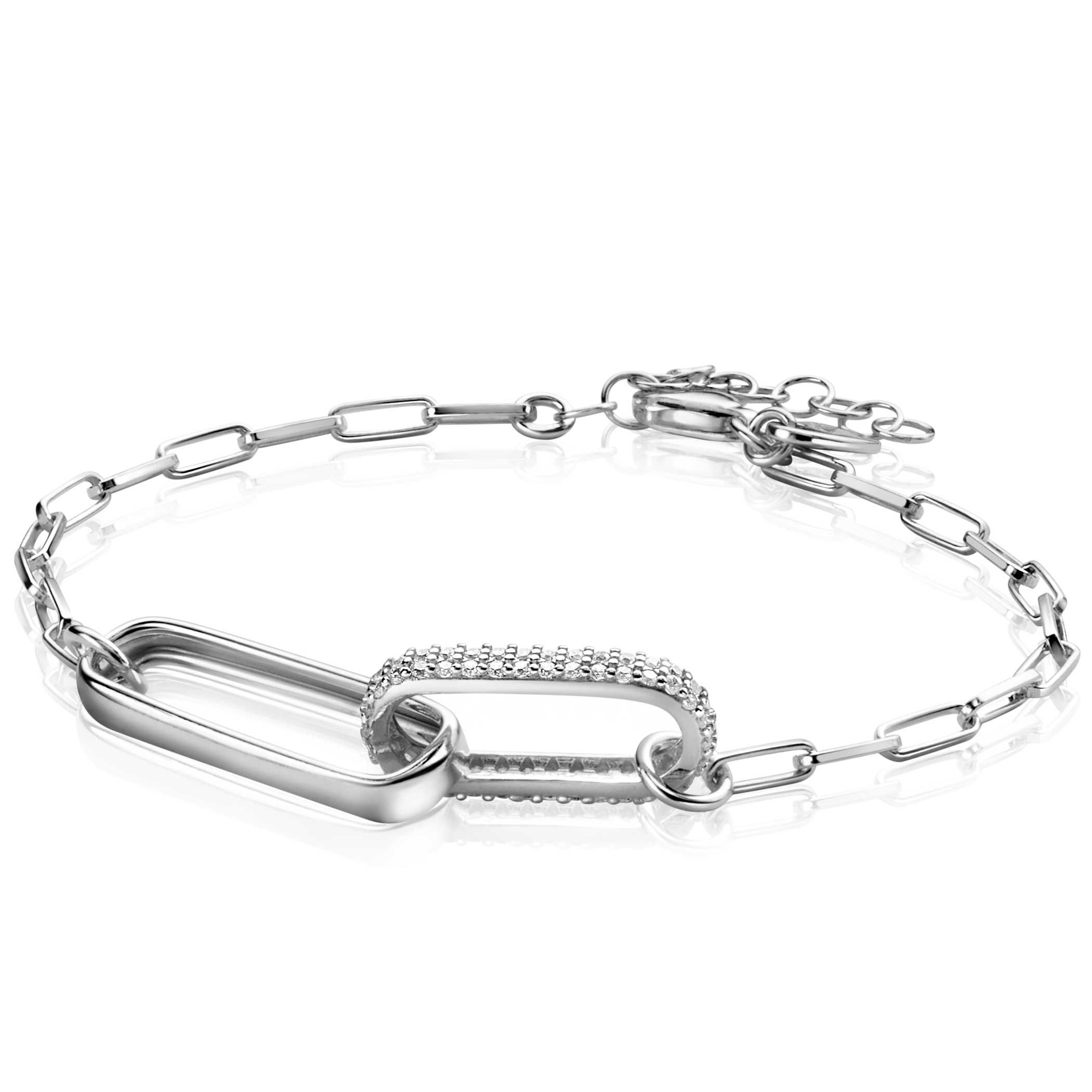 ZINZI zlv. armband papercl. 2 grote schakels zirc.