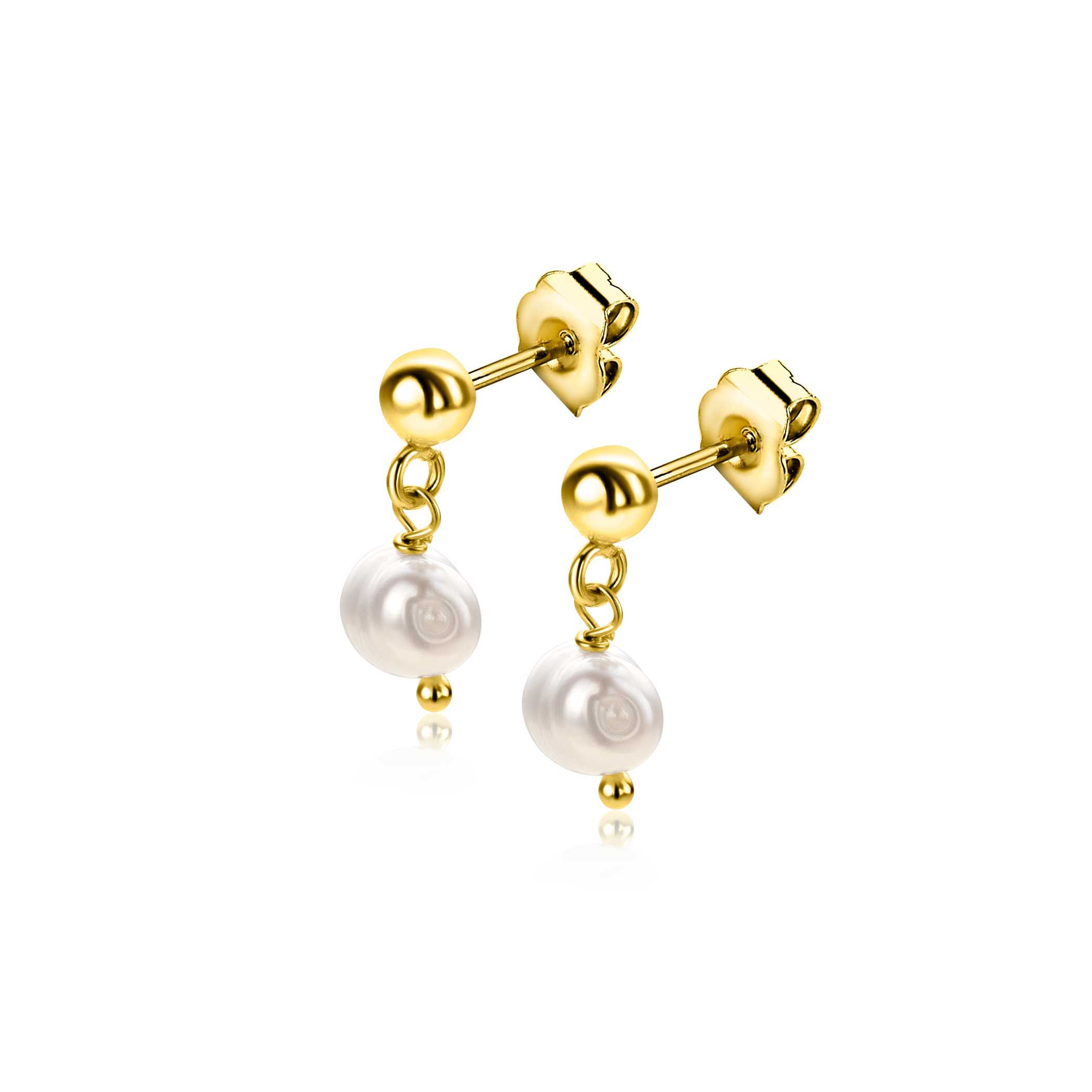 15mm ZINZI vergoldete Silber Ohrstecker mit baumelnder weißer Süßwasserperle 6mm in organischer Form ZIO2643