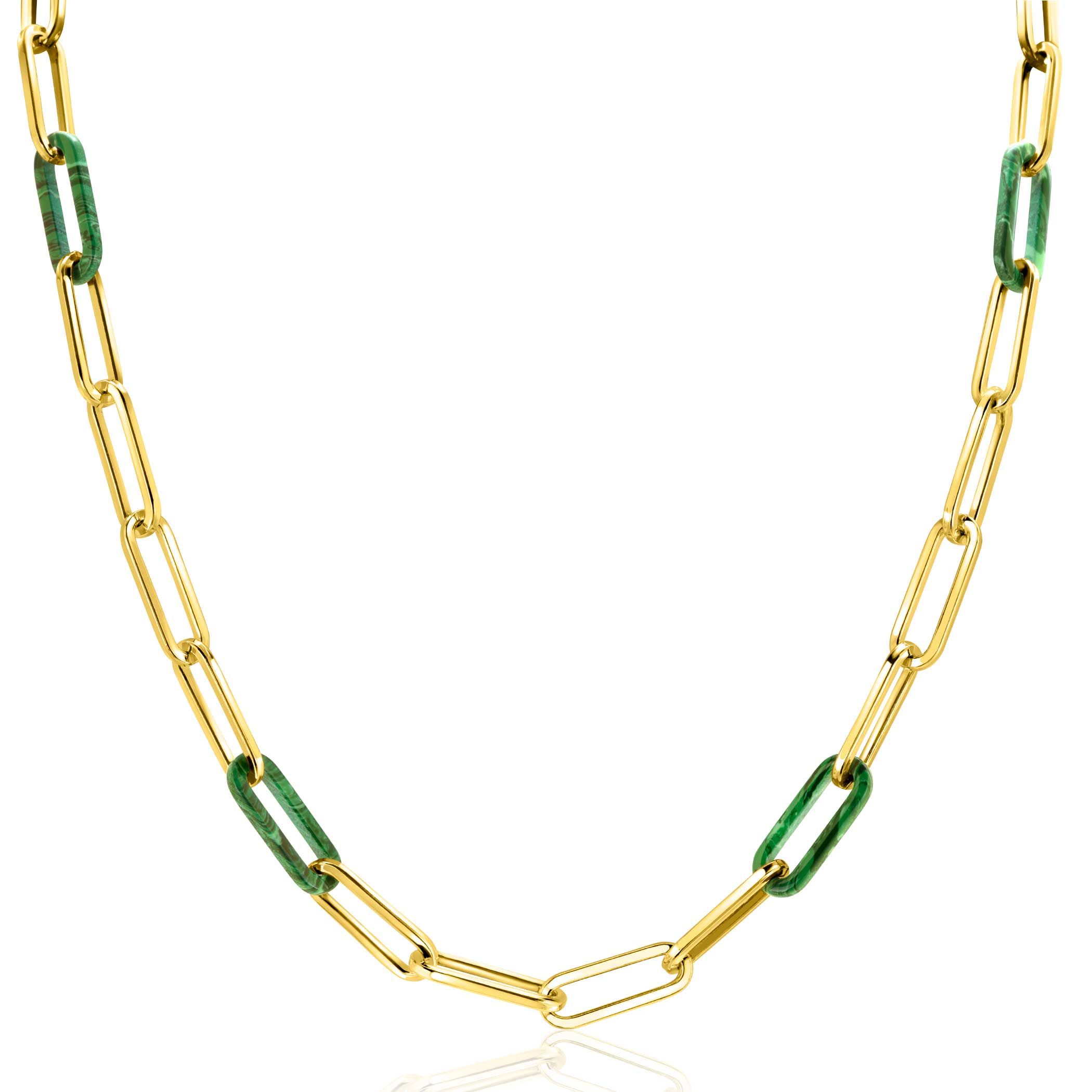 ZINZI zlv. collier gg.verg.paperclip met malachiet