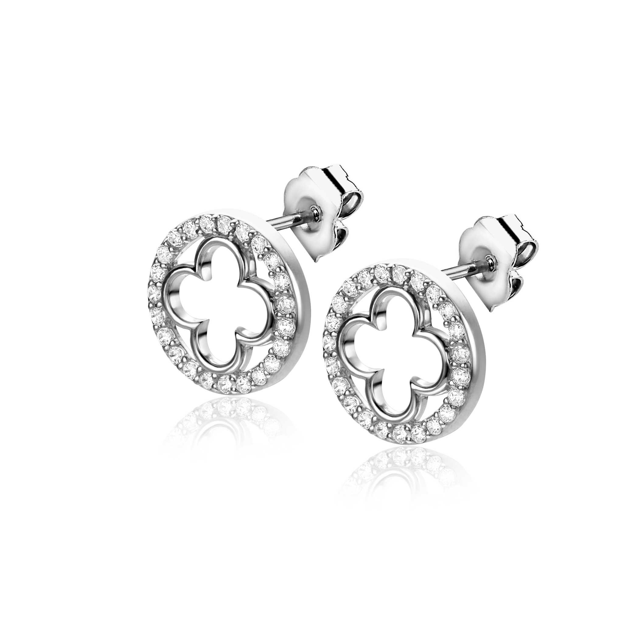 11mm ZINZI Silber-Ohrstecker Kleeblatt mit runder Kante, besetzt mit weißen Zirkoniasteinen ZIO-BF116