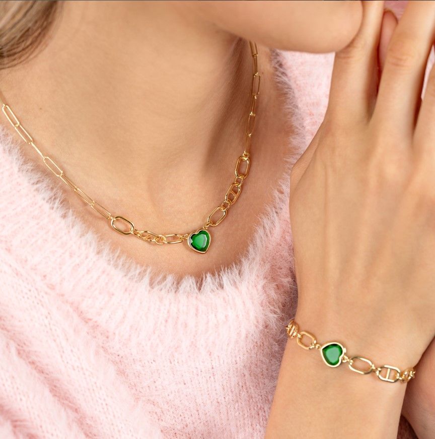 ZINZI zlv. collier gg.verg. met groen hart