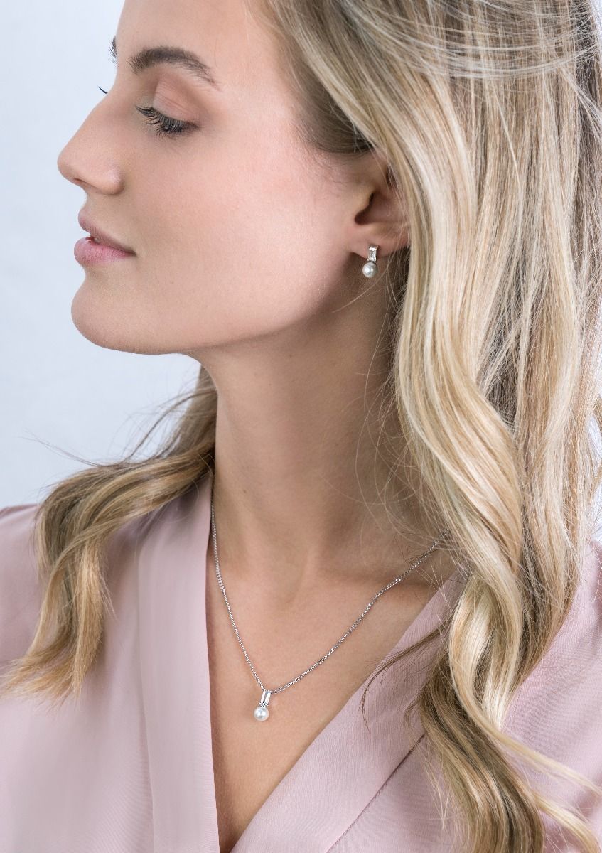 ZINZI silberne weiße Perlenohrstecker mit  weißem Zirkonia Baguetteschliff ZIO2135
