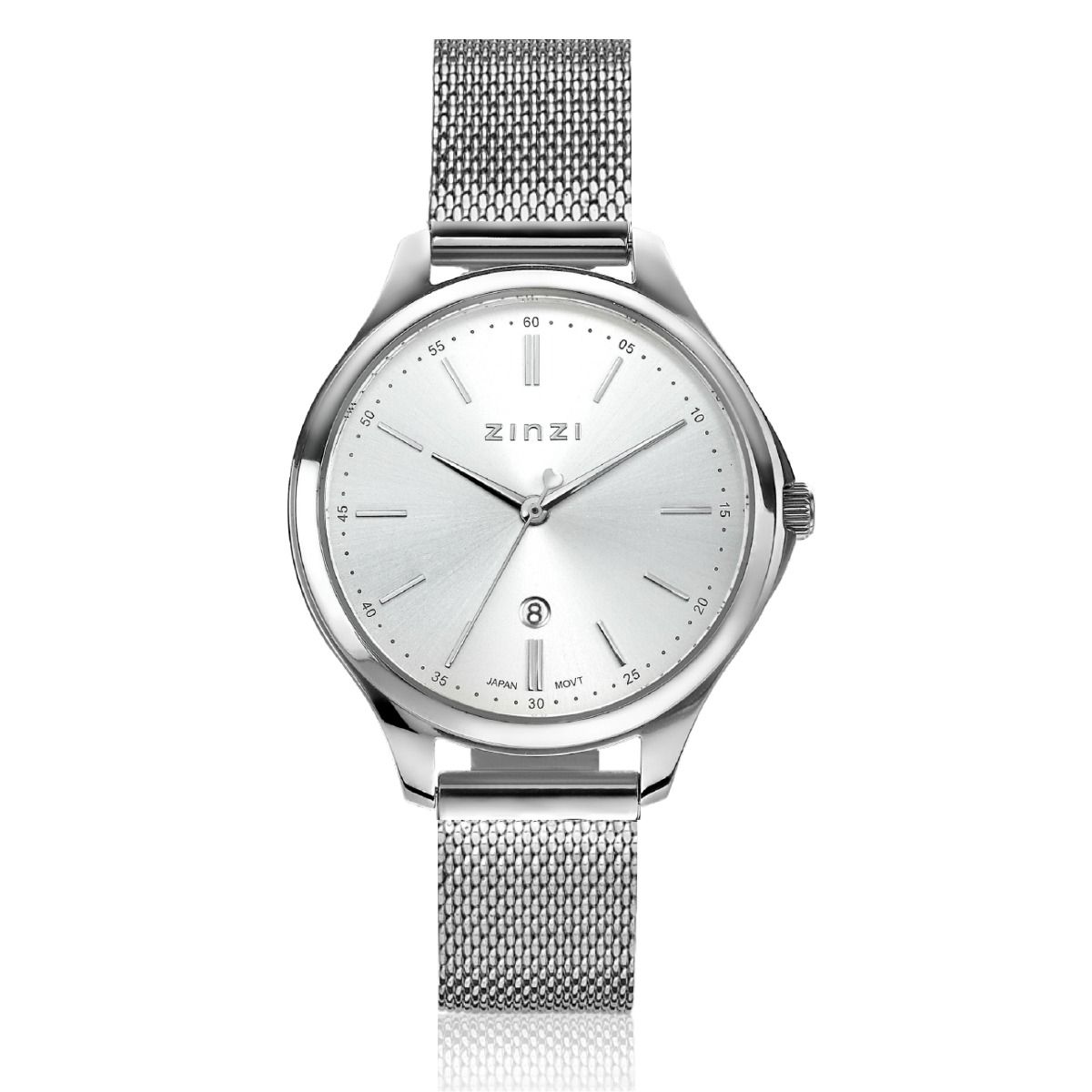 ZINZI Classy Uhr 34 mm silbernes Zifferblatt Stahlgehäuse und Mesh-Armband, Datum ZIW1002M