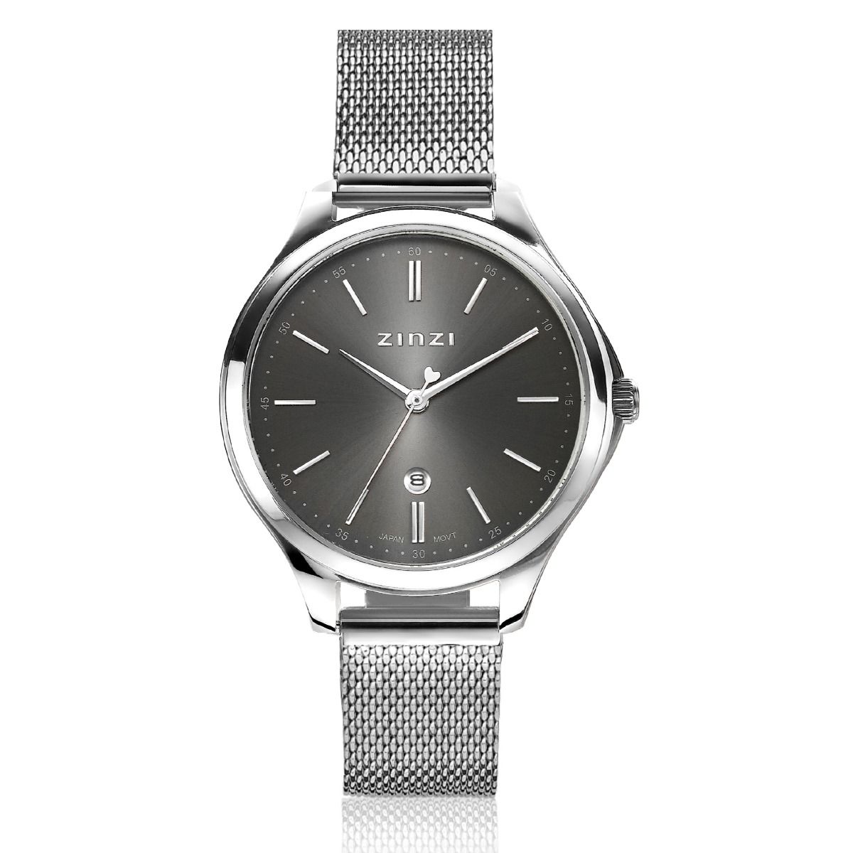 ZINZI Classy Uhr 34 mm graues Zifferblatt Stahlgehäuse und Mesh-Armband, Datum ZIW1024M