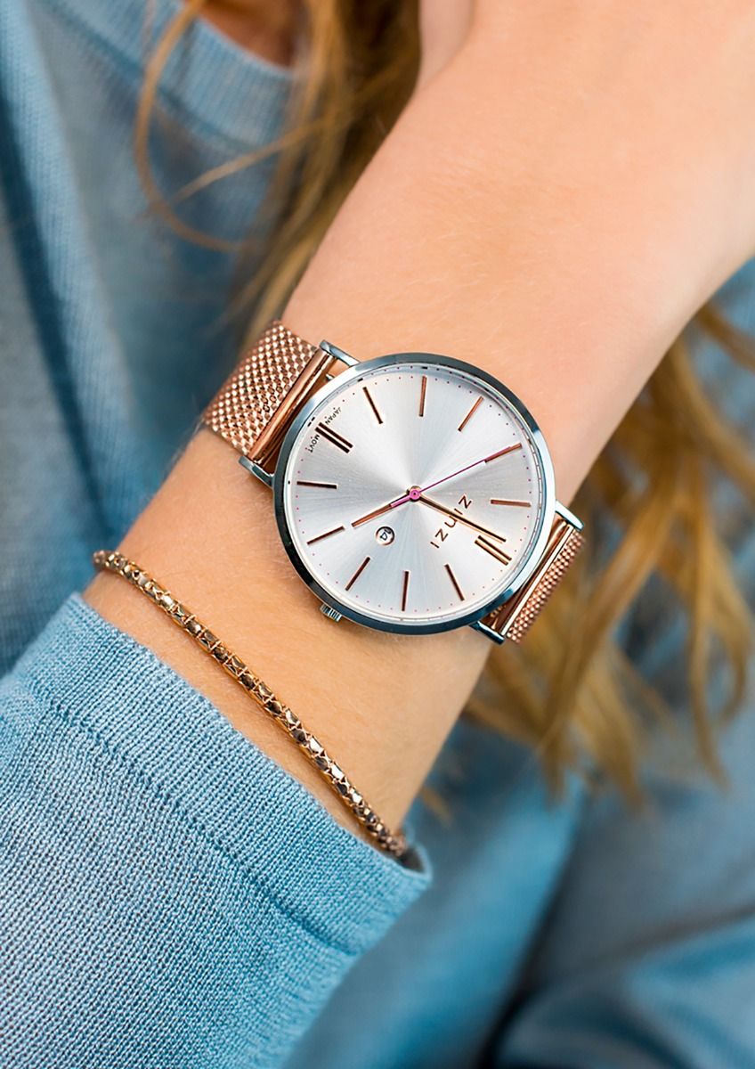 ZINZI Retro Uhr Silberfarbenes Zifferblatt und Gehäuse mit rosé Zeigern  roségoldfarbenes Stahlgitterband 38mm extra dünn ZIW412MR