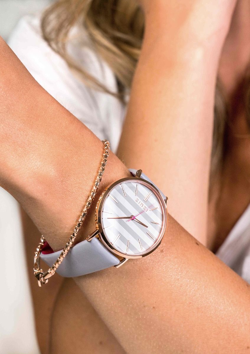 ZINZI Retro Uhr grau-weiß gestreiftes Zifferblatt roségoldfarbenes Gehäuse Leder Stahlgitterband hellgrau38mm extra dünn ZIW420LG
