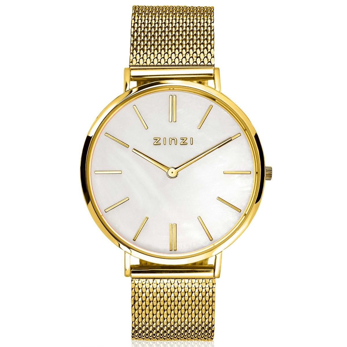 ZINZI Retro-Uhr weißes Perlmutt-Zifferblatt und gelbgoldfarbenes Stahlgehäuse Stahlgeflechtband gelbgoldfarben 38 mm extra dünn ZIW448M