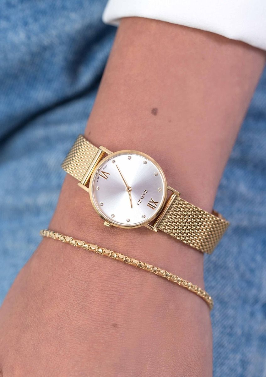 ZINZI Lady Crystal Uhr silberfarbenes Zifferblatt, gelbgoldfarbenes Gehäuseund  Stahlgitterband,  weißen Kristallen bei der Stundenanzeige, 28mm extra dünn ZIW633M