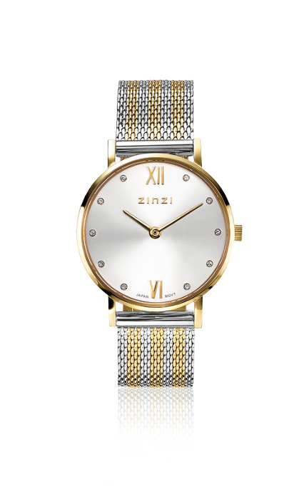 ZINZI Lady Crystal Uhr silberfarbenes Zifferblatt, gelbgoldfarbenes Gehäuse und zweifarbiges  Stahlgitterband,  weiße Kristalle bei der Stundenanzeige, 28mm extra dünn ZIW633MB