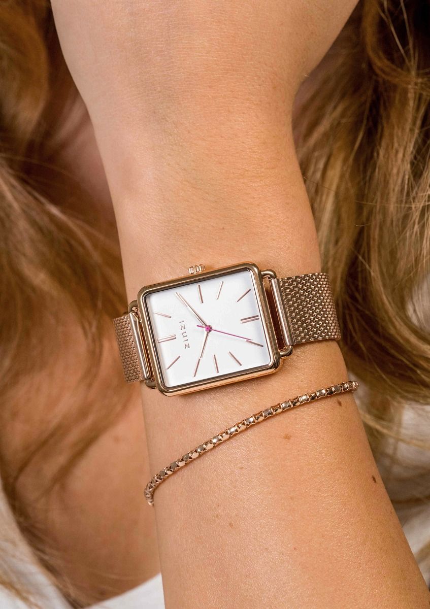 ZINZI Vintage Retro Uhr  weißes Zifferblatt und rechteckiges roségoldfarbenes Gehäuse Stahlgitterband 34mm extra dünn ZIW908M
