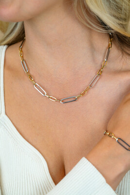 ZINZI zlv. collier bicolor met ovale schakels 45cm