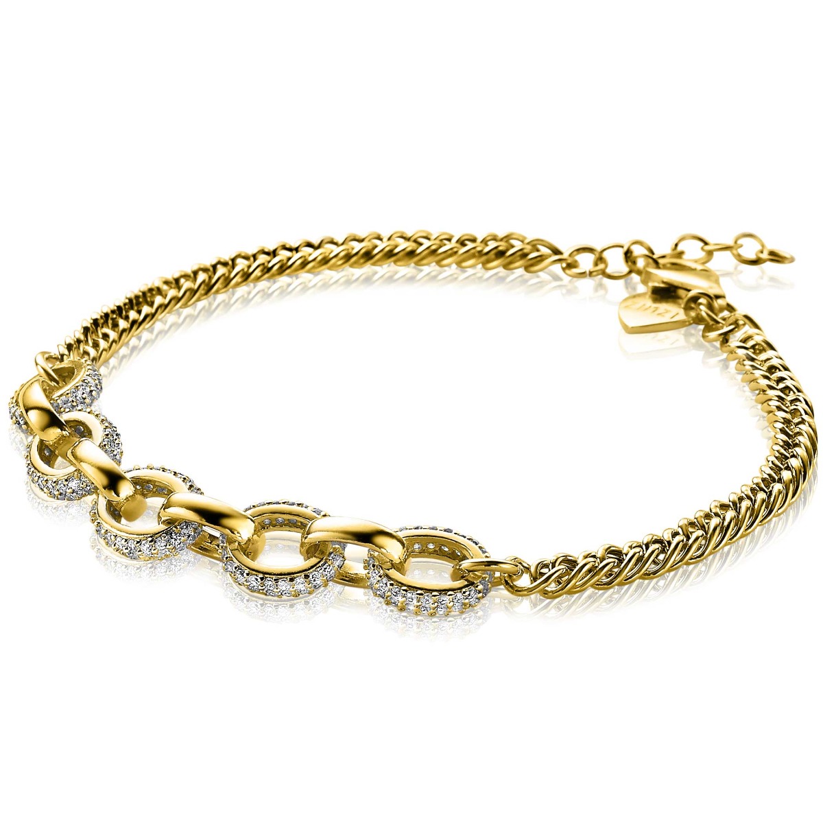 ZINZI silbernes Gourmet Armband 14K gelb vergoldet grobe ovale Glieder zweifarbig  weiße Zirkonia ZIA2203Y