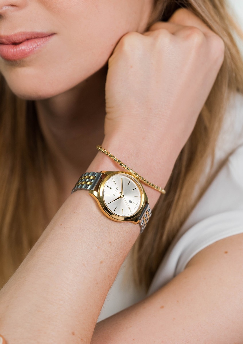 "ZINZI Classy Uhr 34mm goldfarbenes Zifferblatt goldfarbenes Stahlgehäuse und zweifarbiges Band, Datum ziw1010"