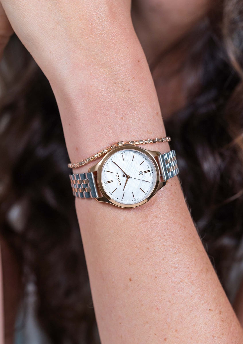 "ZINZI Classy Uhr 34mm  weißes Perlmutt Zifferblatt roségoldfarbenes Stahlgehäuse und zweifarbiges Band, Datum ziw1018"