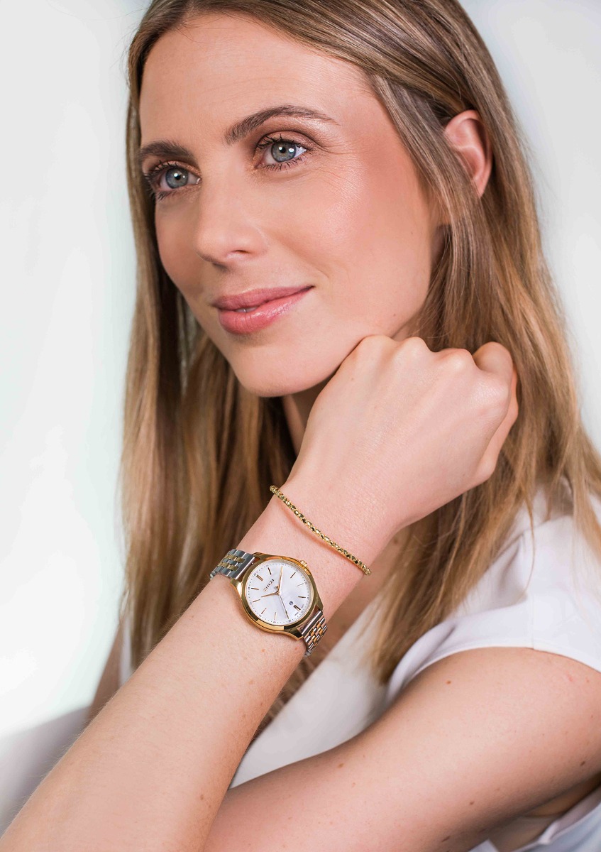 "ZINZI Classy Uhr 34mm  weißes Perlmutt Zifferblatt goldfarbenes Stahlgehäuse und zweifarbiges Band, Datum ziw1034"