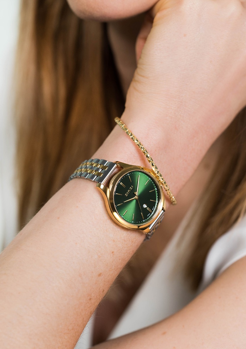"ZINZI Classy Uhr 34mm grünes Zifferblatt goldfarbenes Stahlgehäuse und zweifarbiges Band, Datum ziw1035"