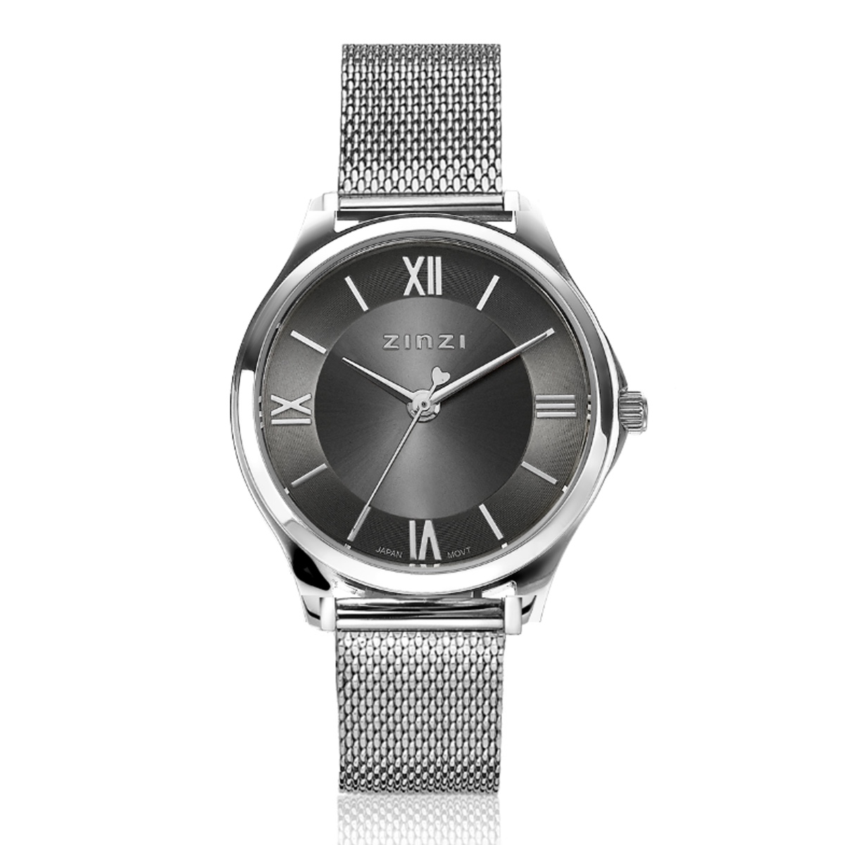 ZINZI Classy Mini Uhr 30 mm graues Zifferblatt Stahlgehäuse und Mesh-Armband ZIW1224M