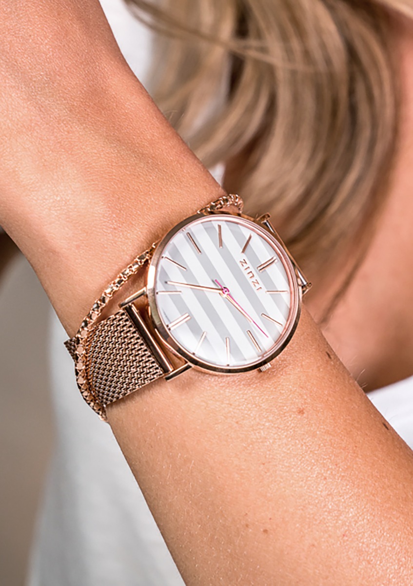 ZINZI Retro Uhr grau-weiß gestreiftes Zifferblatt roségoldfarbenes Gehäuse Stahlgitterband roségoldfarben 38mm extra dünn ZIW420M