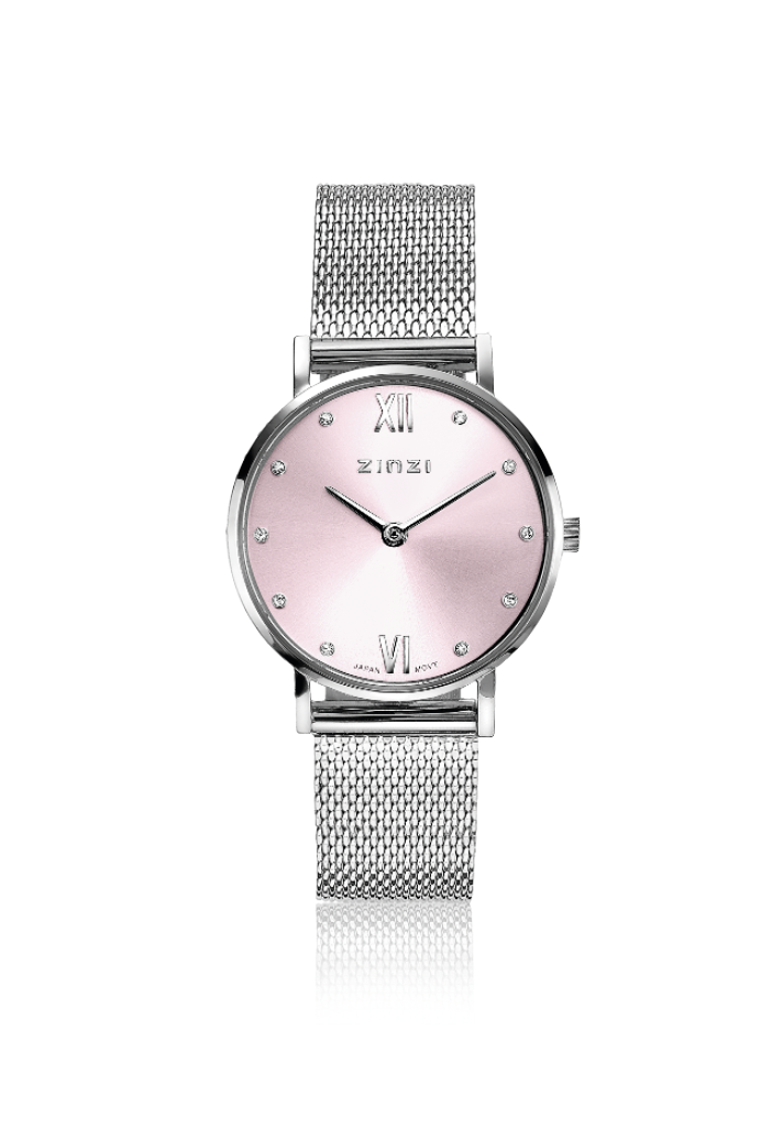 "ZINZI Lady Crystal Uhr rosa Zifferblatt und Gehäuse Stahlgitterband,  weiße Kristallen bei der Stundenanzeige, 28mm extra dünn ZIW641M"