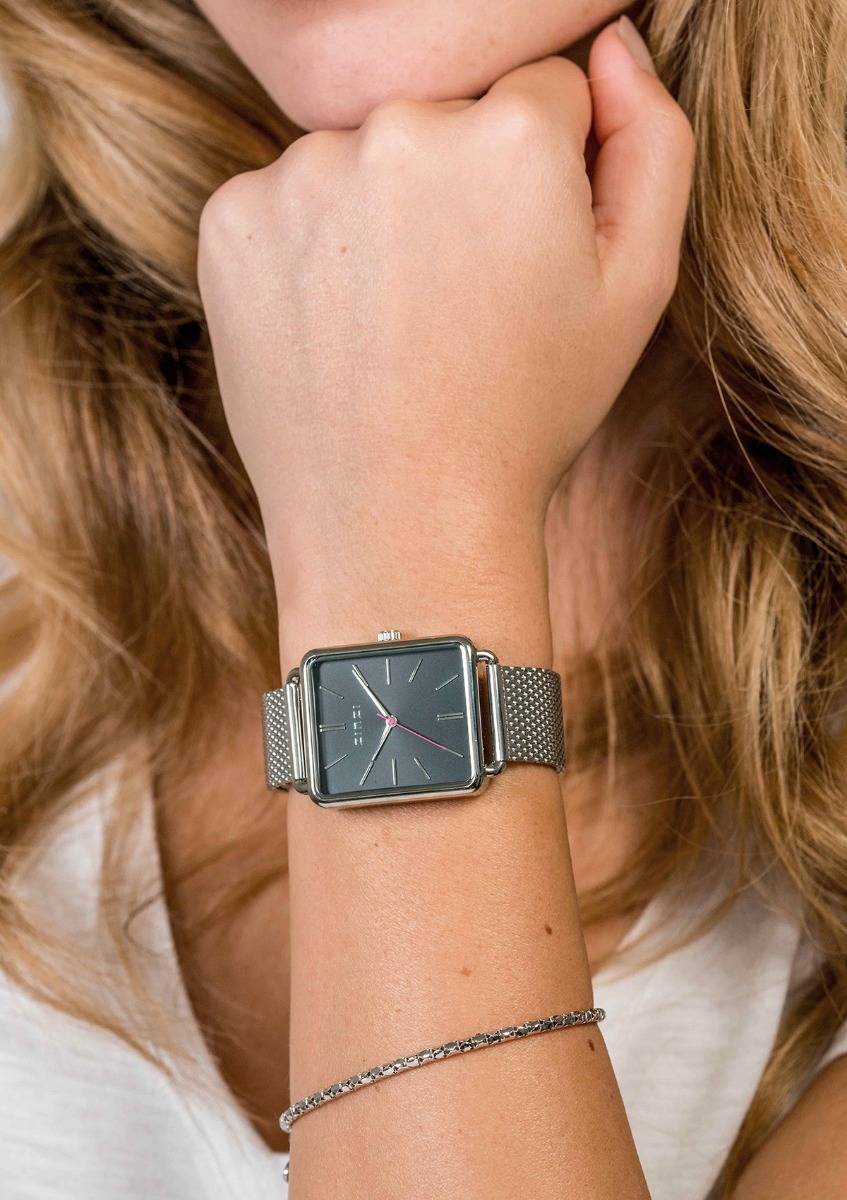 "ZINZI Vintage Retro Uhr schwarzes Zifferblatt und rechteckiges Gehäuse Stahlgitterband 34mm extra dünn ZIW901M"